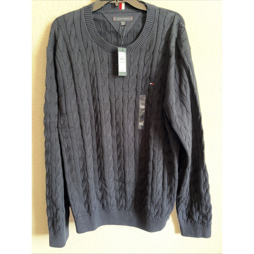 New Tommy Hilfiger Cable Knit FishermanSweater Blue 2XL XXL Preppy Crew chunky